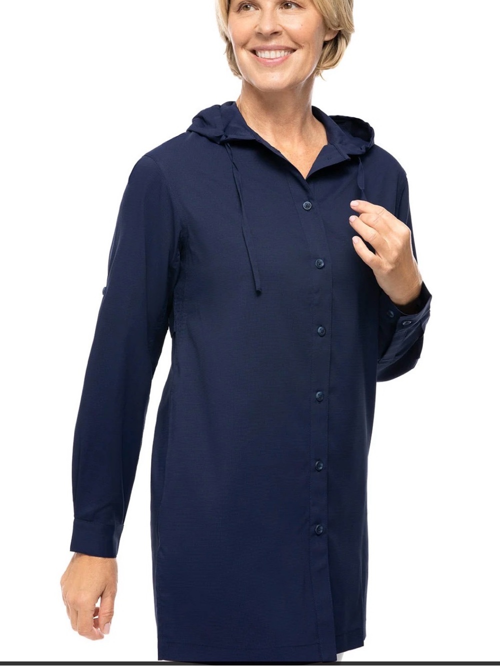 Coolibar Iztapa Coastal Sun Shirt Dress XL Navy UPF 50+ Hooded Button Up 3Ddri